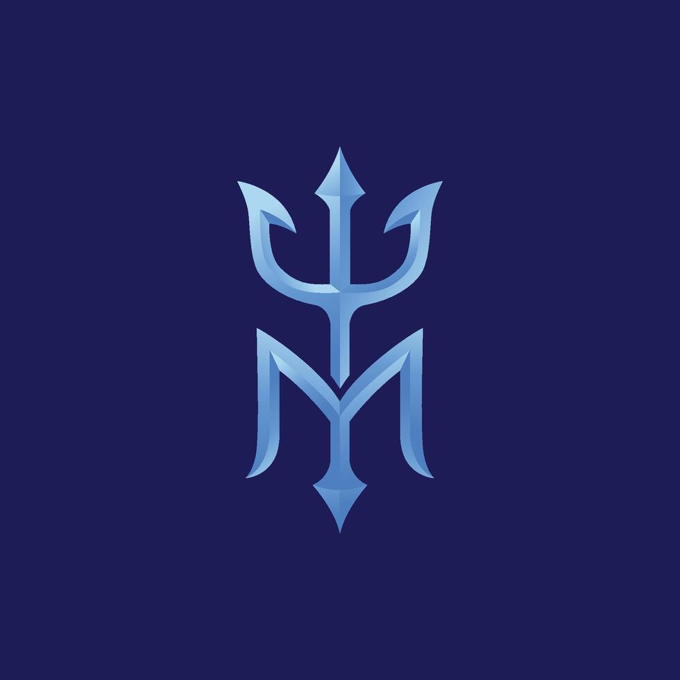 a combination of the letter m and the trident symbol with a blue shiny color vector
