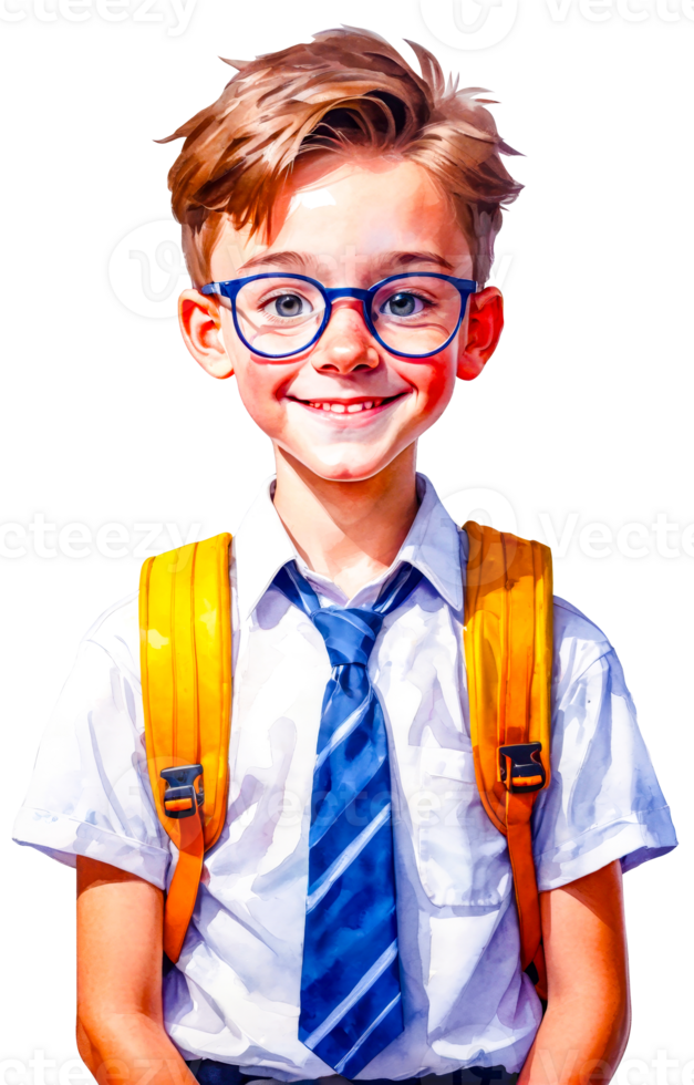 Watercolor painting Happy schoolboy with backpack and glasses png