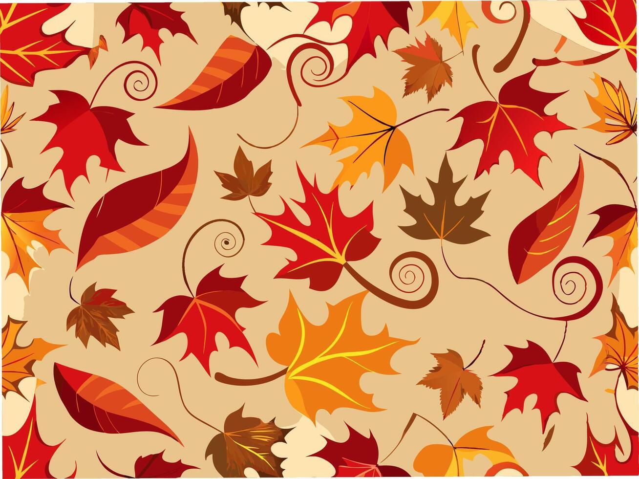 Seamless pattern of swirling fall leaves in red and orange nature graphic design warm atmosphere top-down view vector
