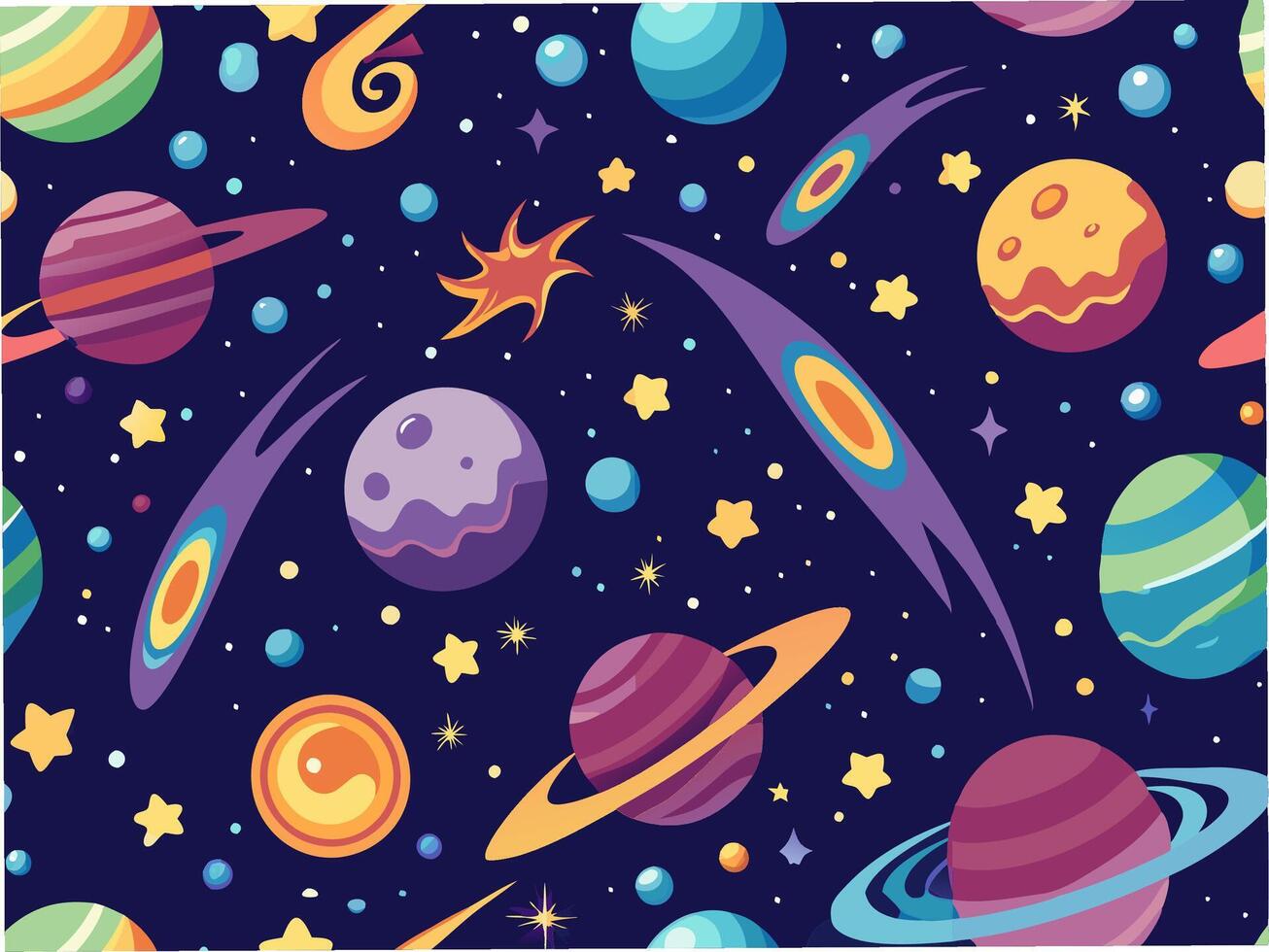 Seamless pattern of planets and shooting stars in a cosmic environment night sky viewpoint for kids room decor vector