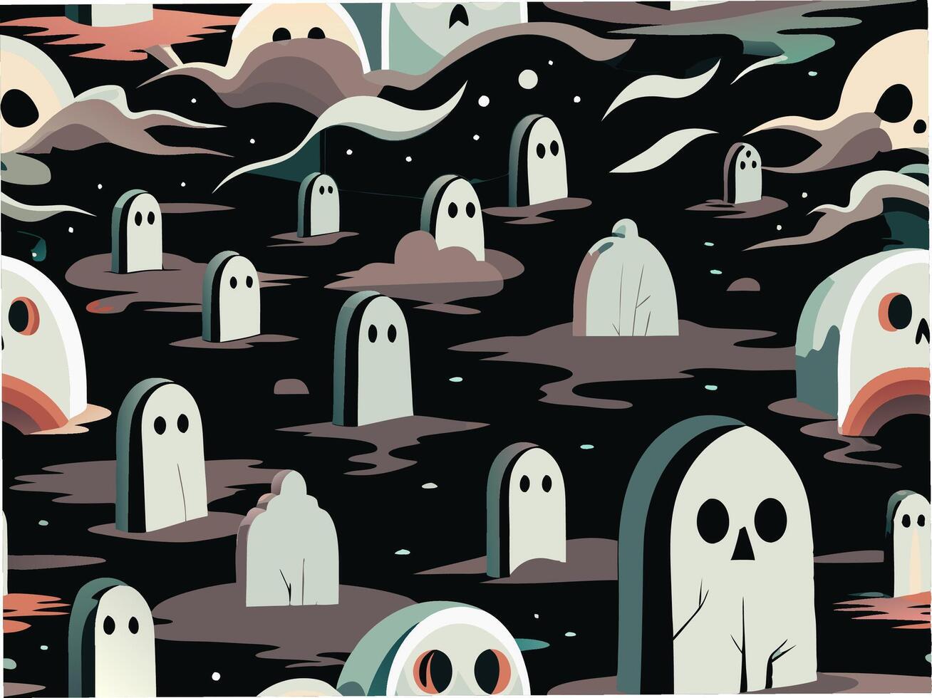 Eerie seamless pattern of ghostly gravestones haunted graveyard digital art spooky atmosphere birds eye view halloween concept vector