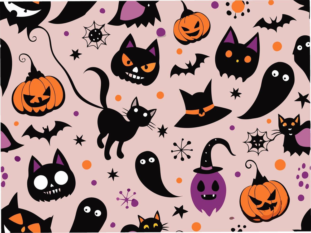 Seamless pattern of classic halloween icons festive background graphic design whimsical atmosphere bird's eye view vector