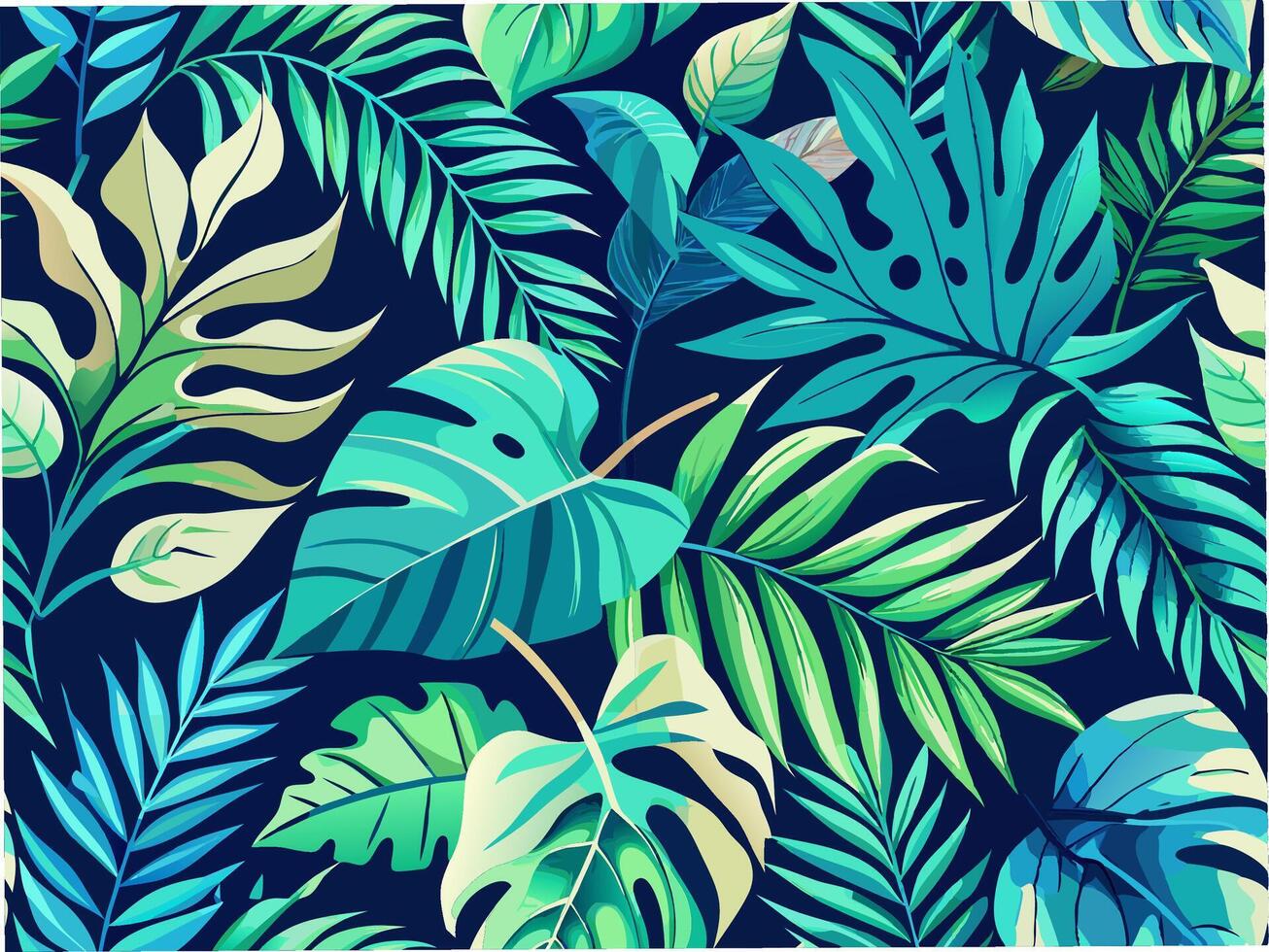 Seamless tropical leaves pattern design nature digital art vibrant greenery close-up botanical concept vector