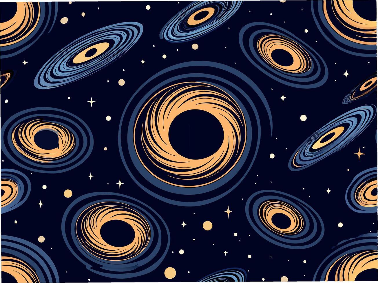 Seamless pattern of swirling black holes and distant stars cosmic space digital art dark universe abstract design vector