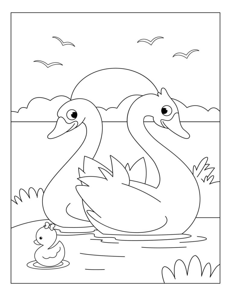 Cute Swan with sun and bird coloring page illustrations vector