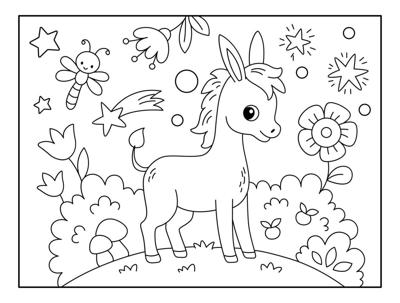 Cute Horse with Natural scenery view background coloring page for kids. Funny animal outline illustration. vector