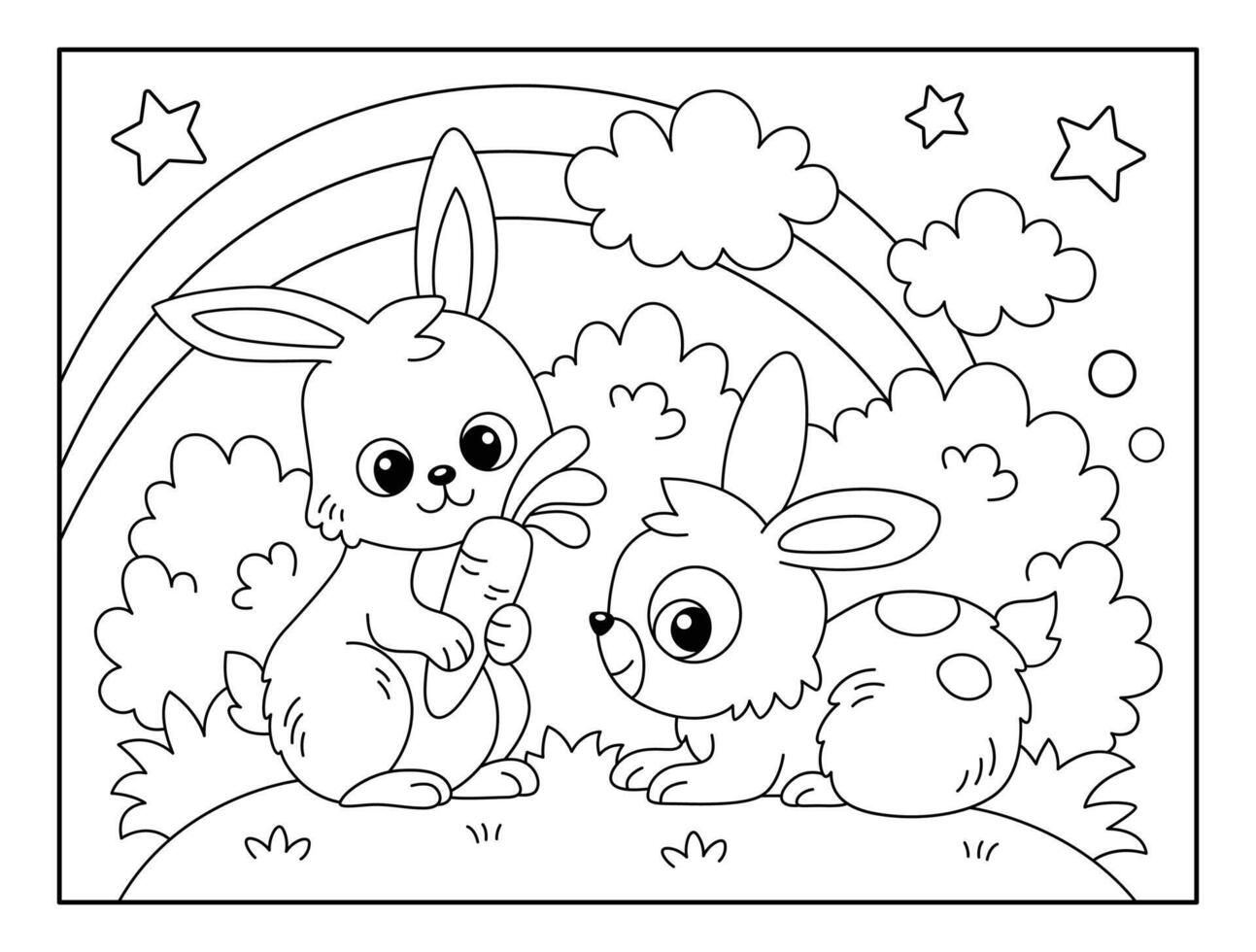 Cute Rabbits with Natural scenery view background coloring page for kids. Funny animal outline illustration. vector