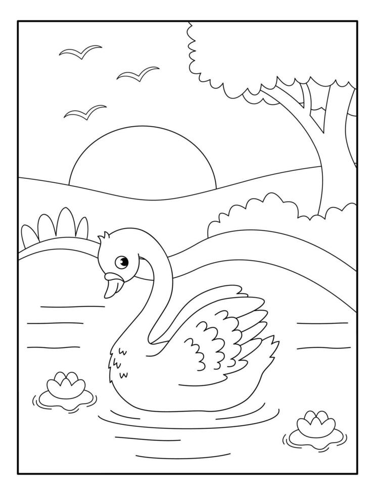 Cute Swan with nature and sun coloring page illustrations vector