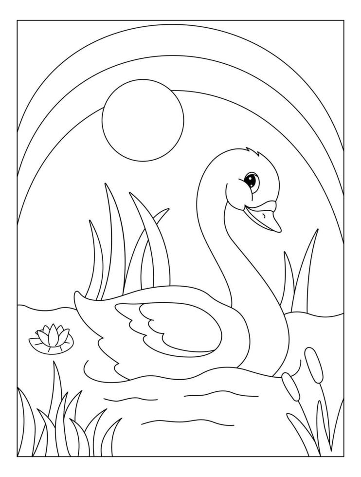 Cute Swan with rainbow and sun coloring page illustrations vector