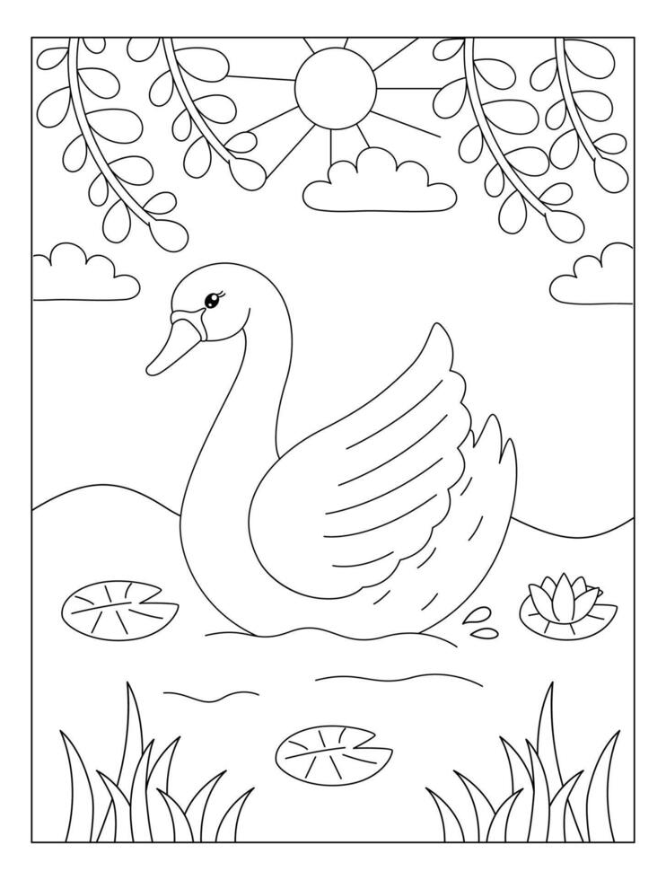Cute Swan with cloud and leaf coloring page illustrations vector