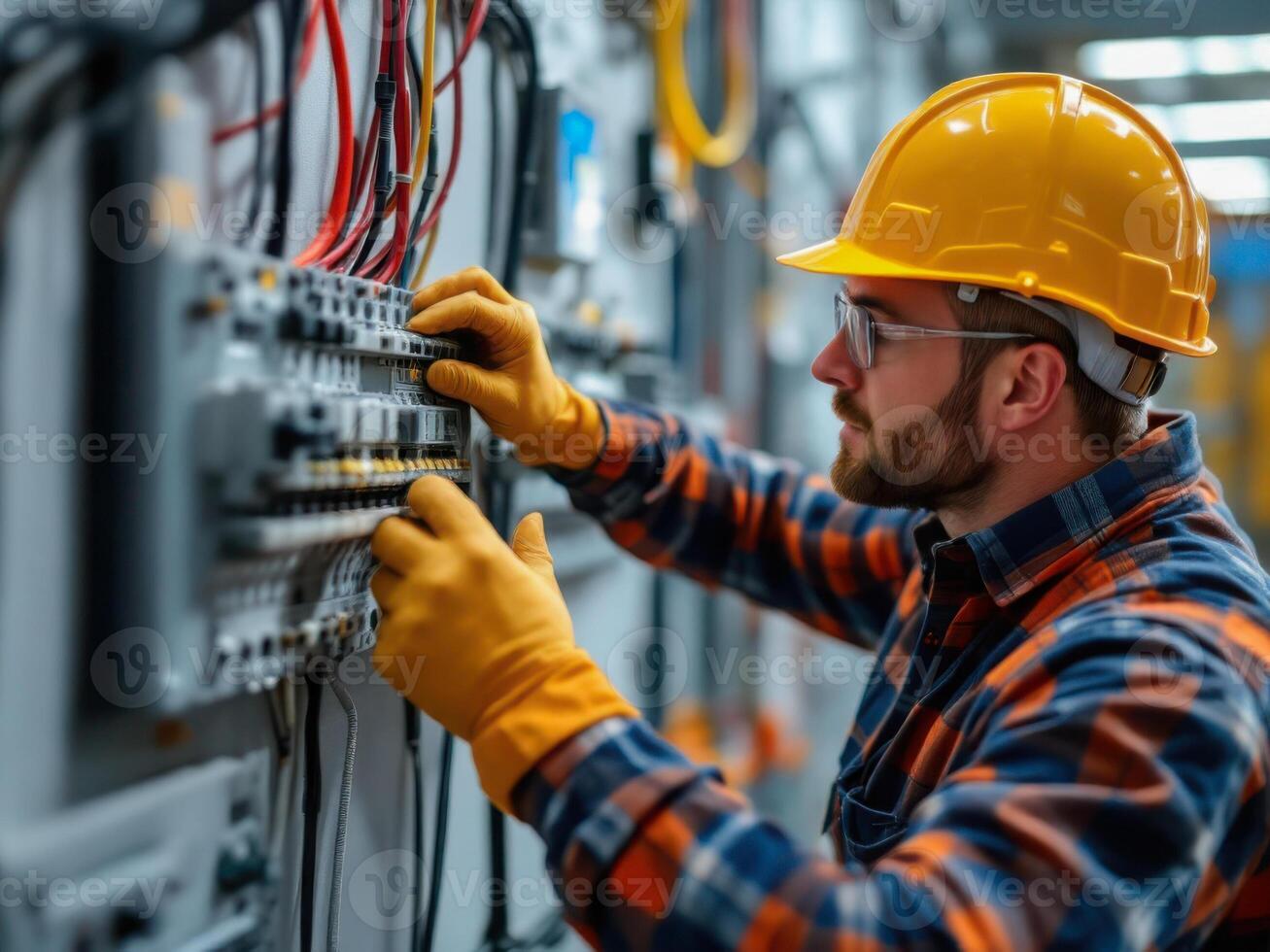The electrician is doing the installation of the electrical panel photo