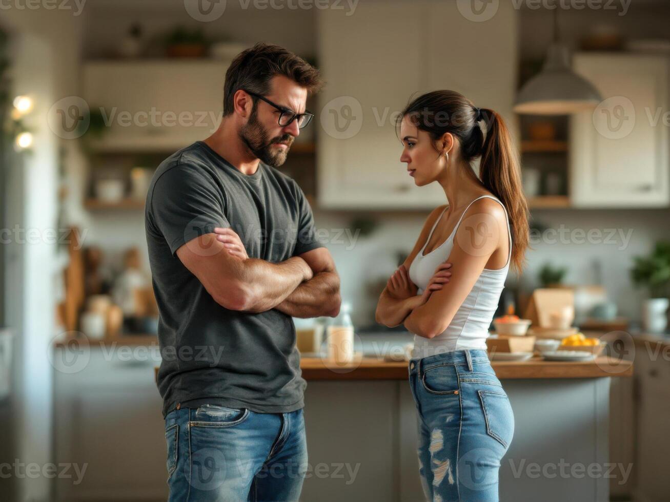 Couple arguing shouting blaming each other of problem in kitchen photo