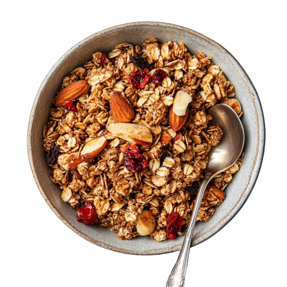 Delicious honey sweetened granola bowl with nuts and fruits on a light background ready for a healthy breakfast, Honeysweetened granola in a bowl on a transparent background png