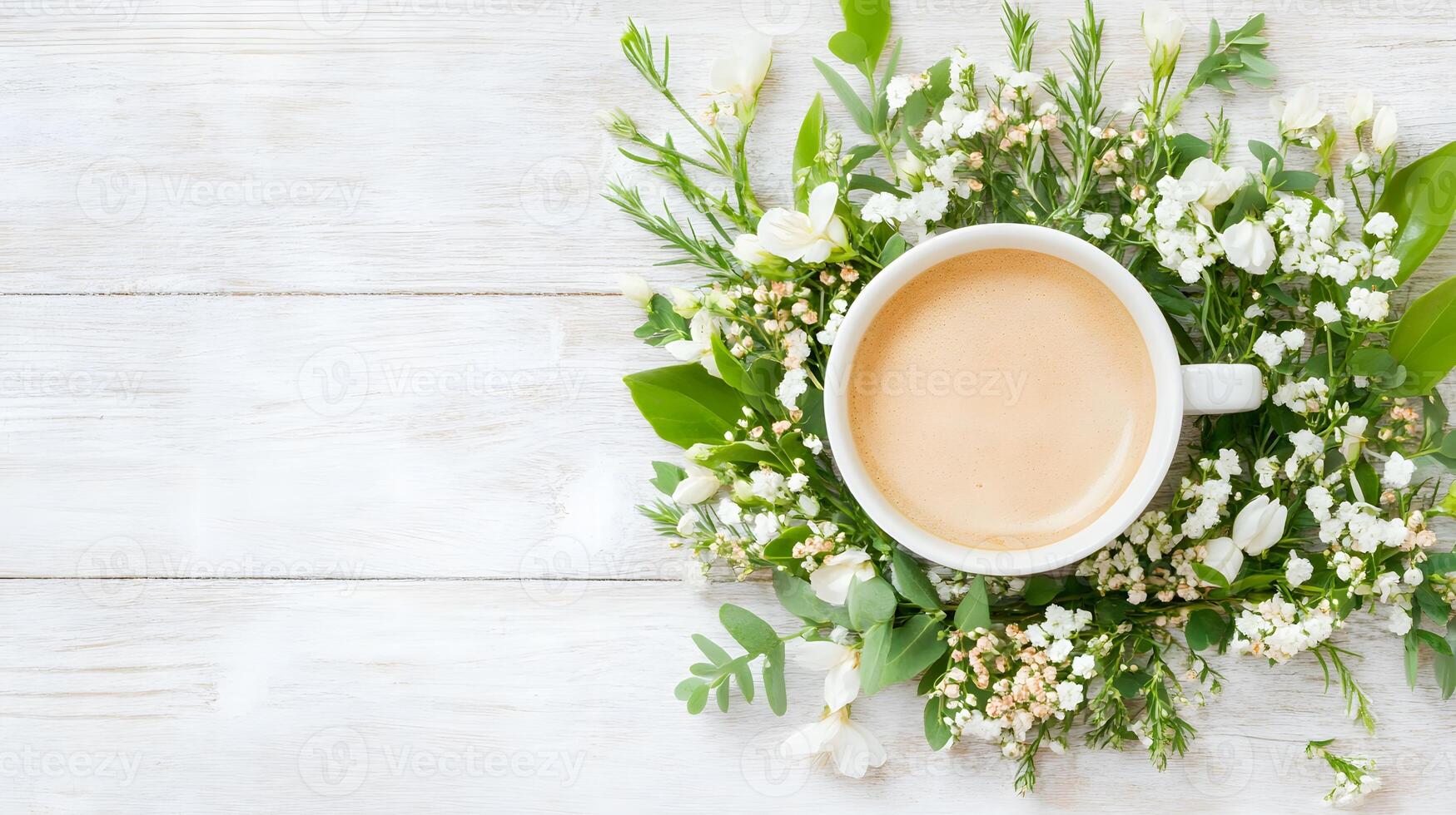 Cozy Coffee Cup Surrounded by Fresh Greenery and Delicate White Flowers on Wooden Table photo