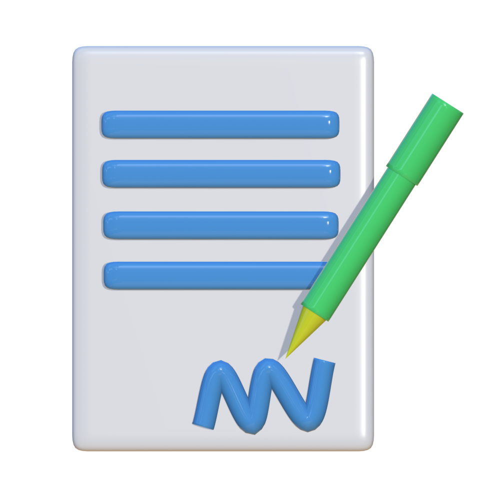 3D icon of a document signed with a pen. Suitable for business presentations, employment contract icons and corporate assets png