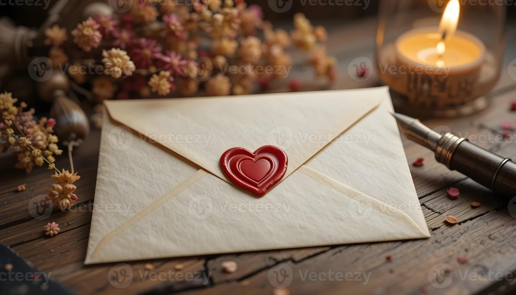Vintage Love Letter Mockup with Wax Sealed Envelope Soft Candlelight photo