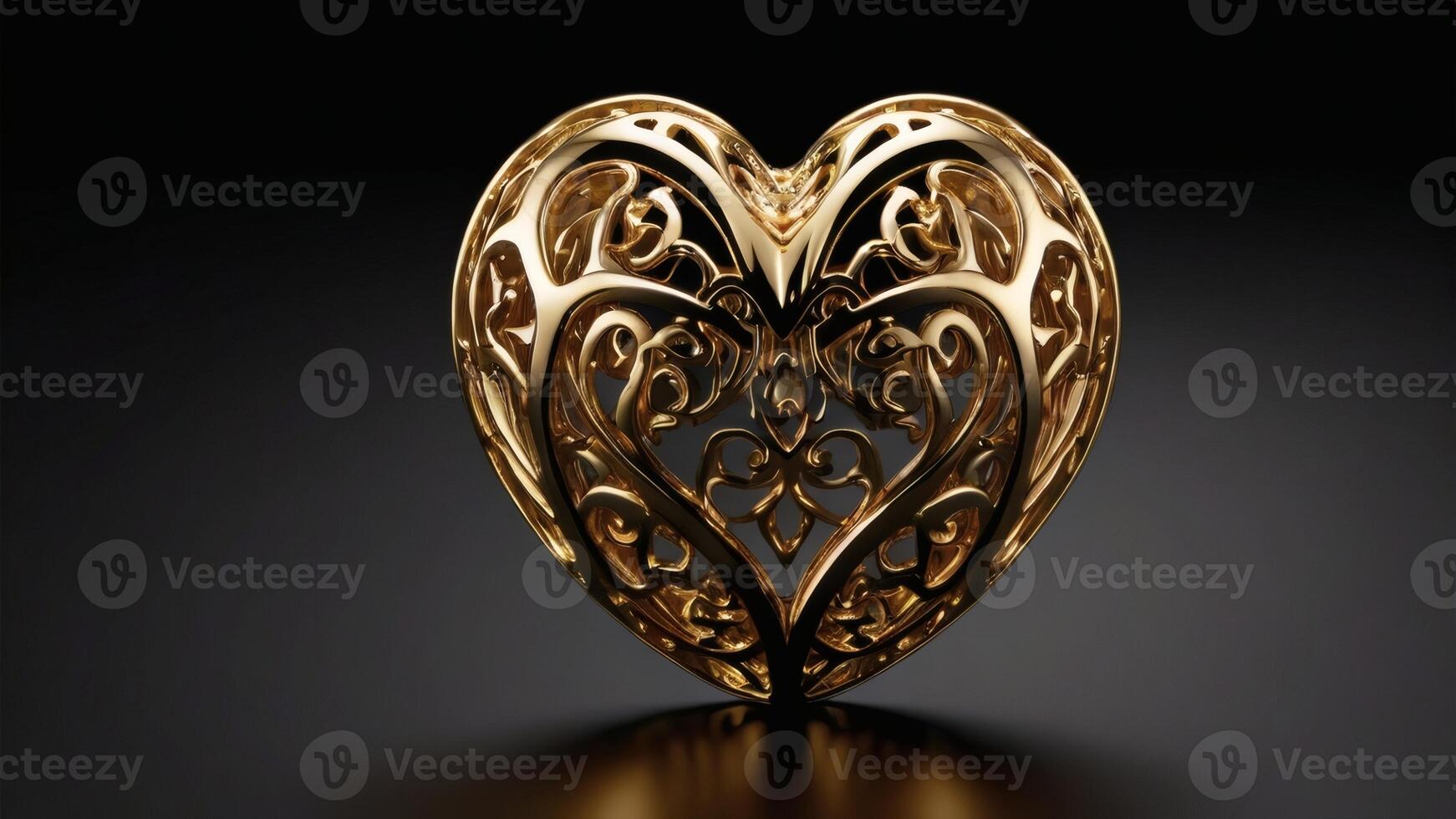 Ultra-Realistic 3D Render of a Glossy Gold Heart with Radiant Reflections Deep Black Velvet Background photo