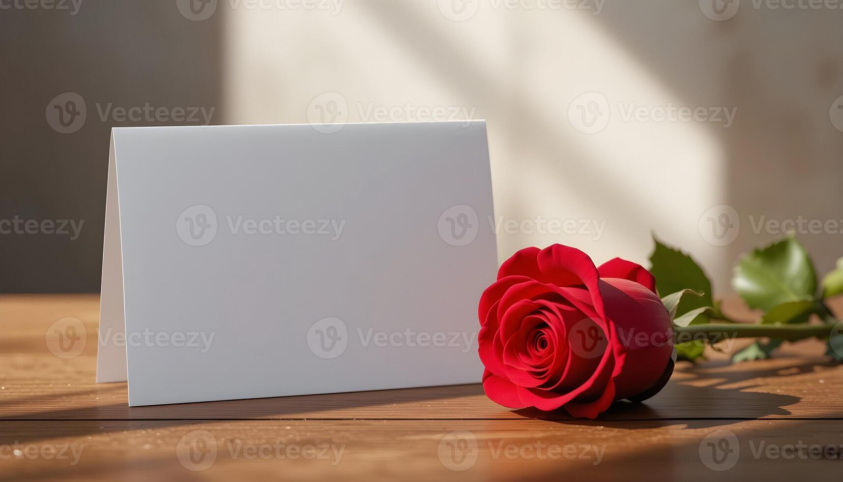 Clean and Modern Valentines Greeting Card Mockup with Red Rose on Wooden Surface photo