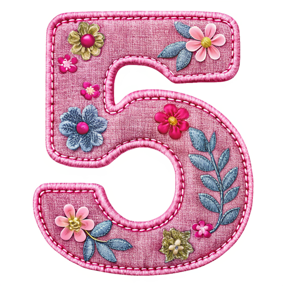 Number 5 Made of Pink Denim Floral Design png