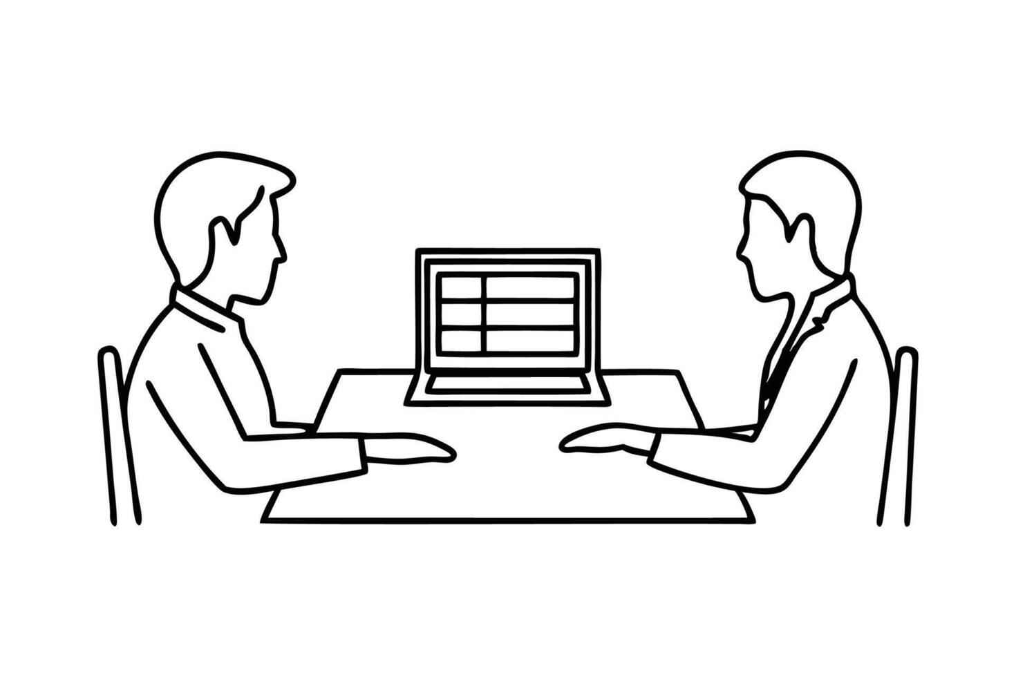 Two business professionals seated at a table, working on laptops with one laptop screen visible between them continuous line art. vector
