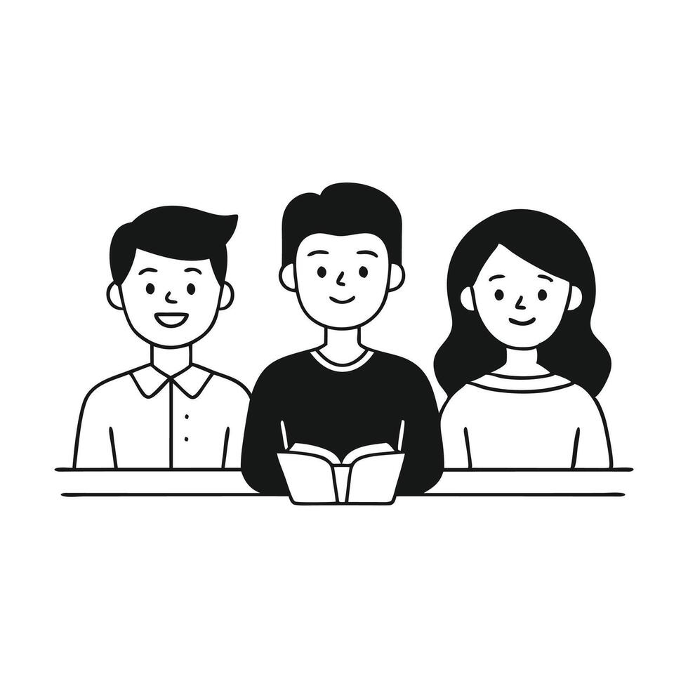 Three students smile while seated in a lecture hall, engaged and enjoying their learning experience together Hand drawn Doodle line art flat illustration on white background. vector