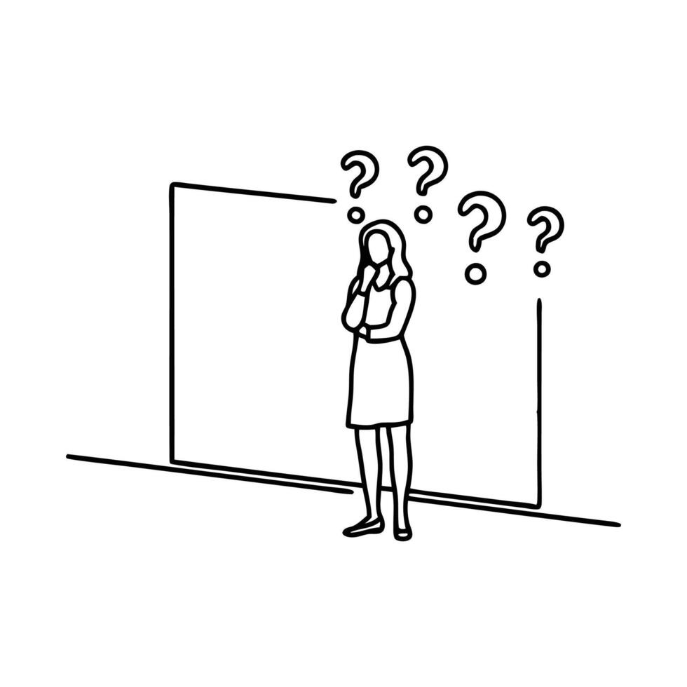 Woman stands thoughtfully in front of a wall, with question marks hovering above her head, symbolizing curiosity and contemplation continuous line art. vector