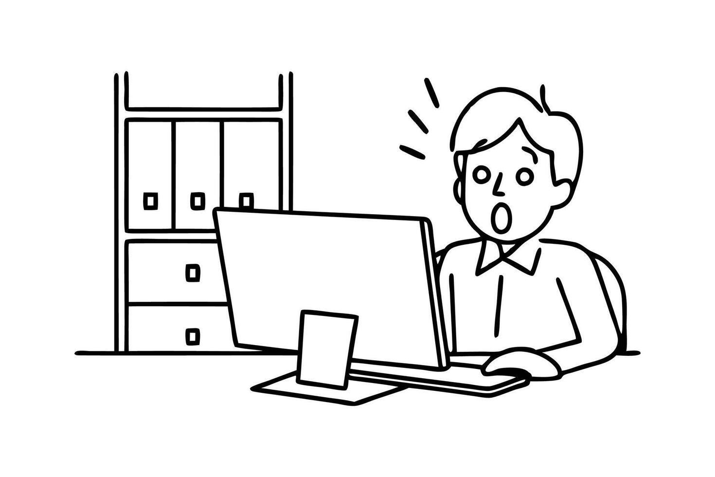 Shocked young man working in the office at the laptop Hand drawn line art flat illustration vector