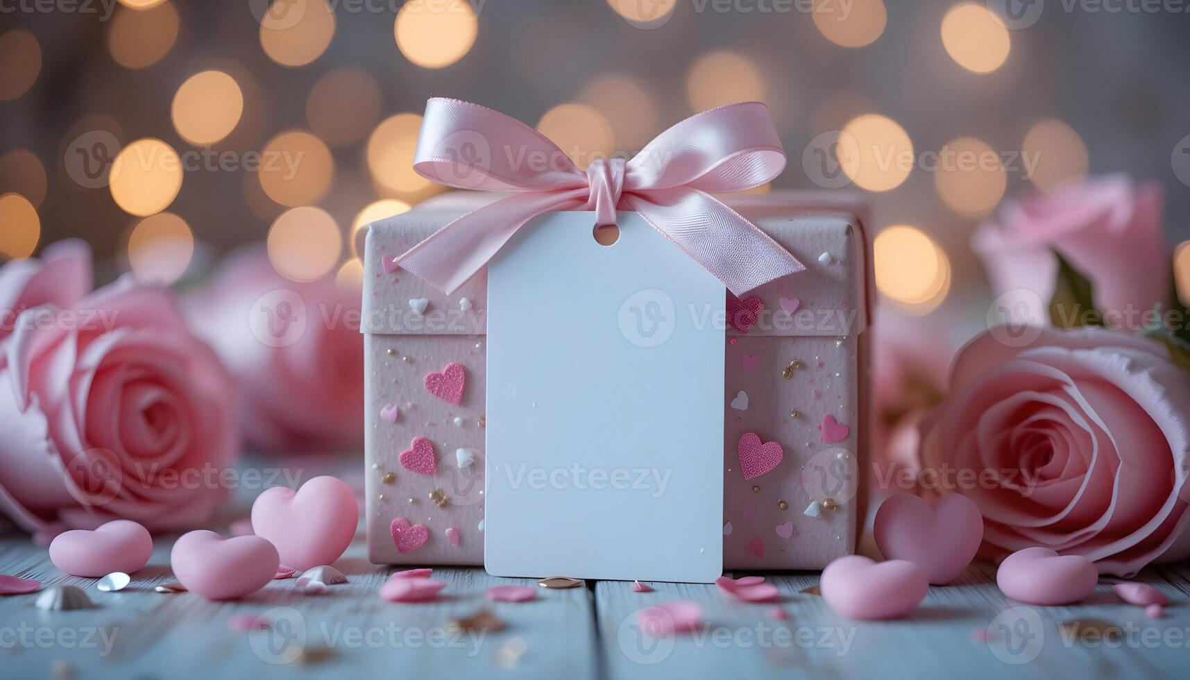 Elegant Valentines Gift Tag Mockup with Satin Ribbon and Heart Decorations photo