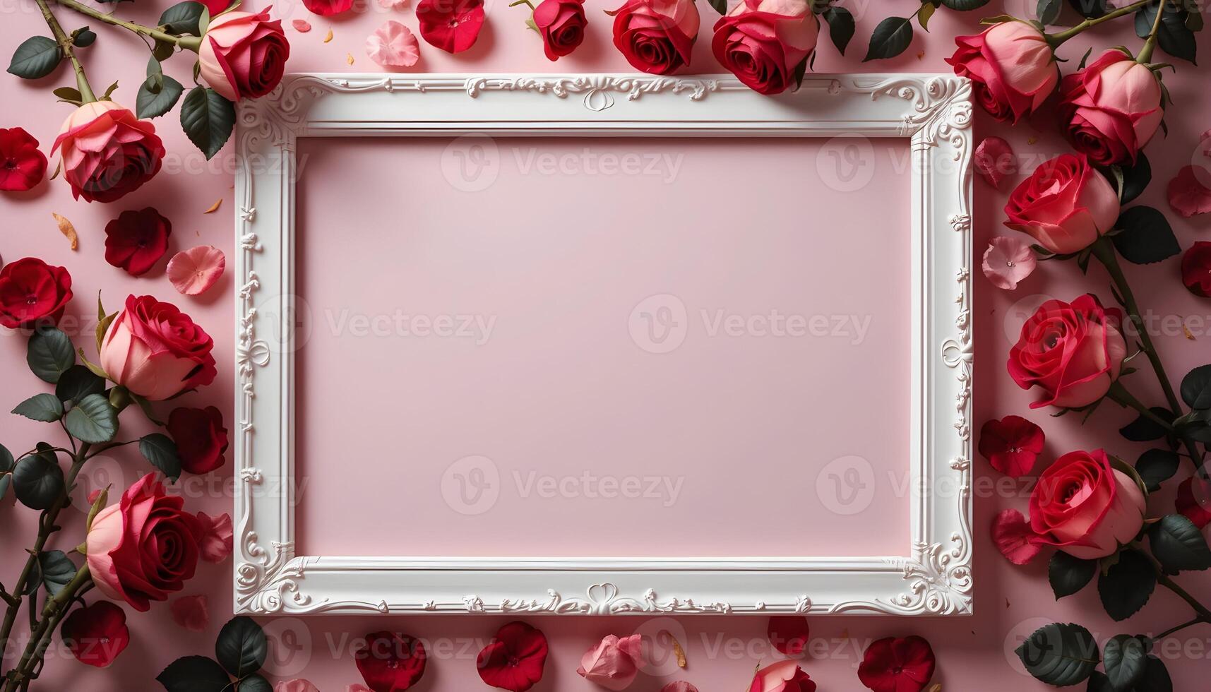 Elegant Valentine's Day Frame Mockup with Red and Pink Roses Pastel Background photo