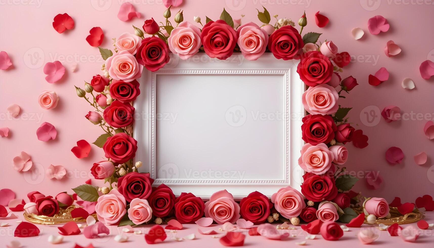 Elegant Valentines Day Frame Mockup with Red and Pink Roses Background photo