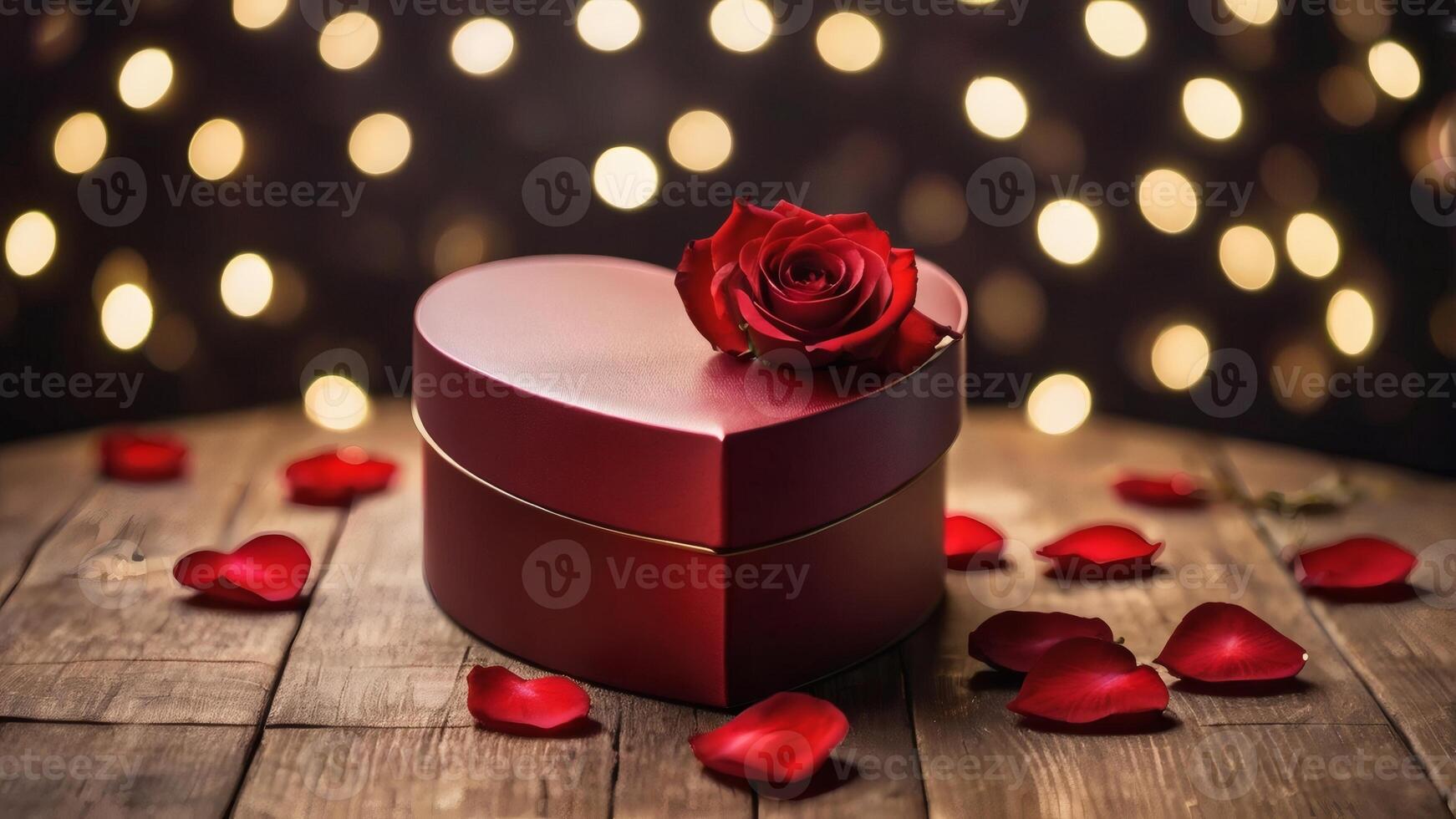 Luxurious Heart-Shaped Gift Box Wrapped in a Silky Red Ribbon on a Wooden Table Rose Petals and Fairy Lights photo