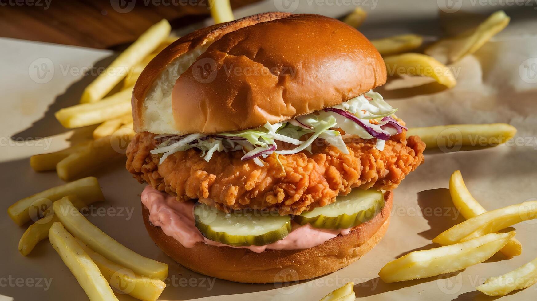 Spicy Crispy Chicken Burger with French Fries Cole Slaw and Pickles photo