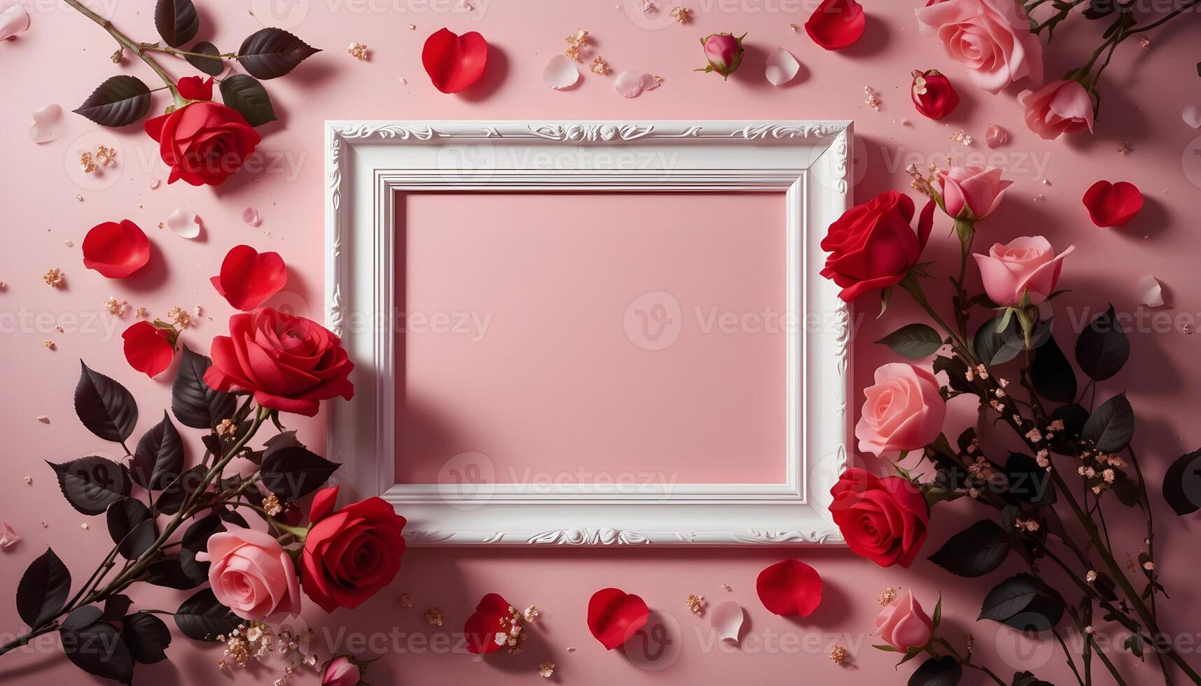 Elegant Valentine's Day Frame Mockup with Red and Pink Rose Pastel Background photo