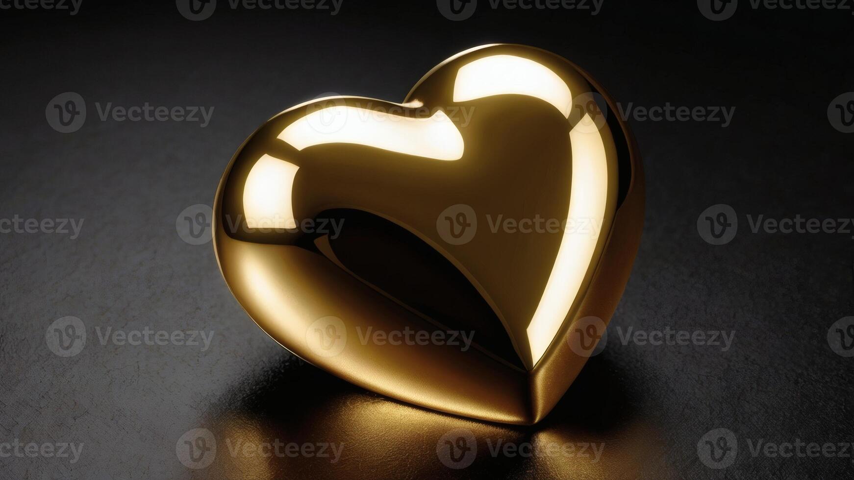 Ultra-Realistic 3D Render of a Glossy Gold Heart with Radiant Reflections on Deep Black Velvet Background photo