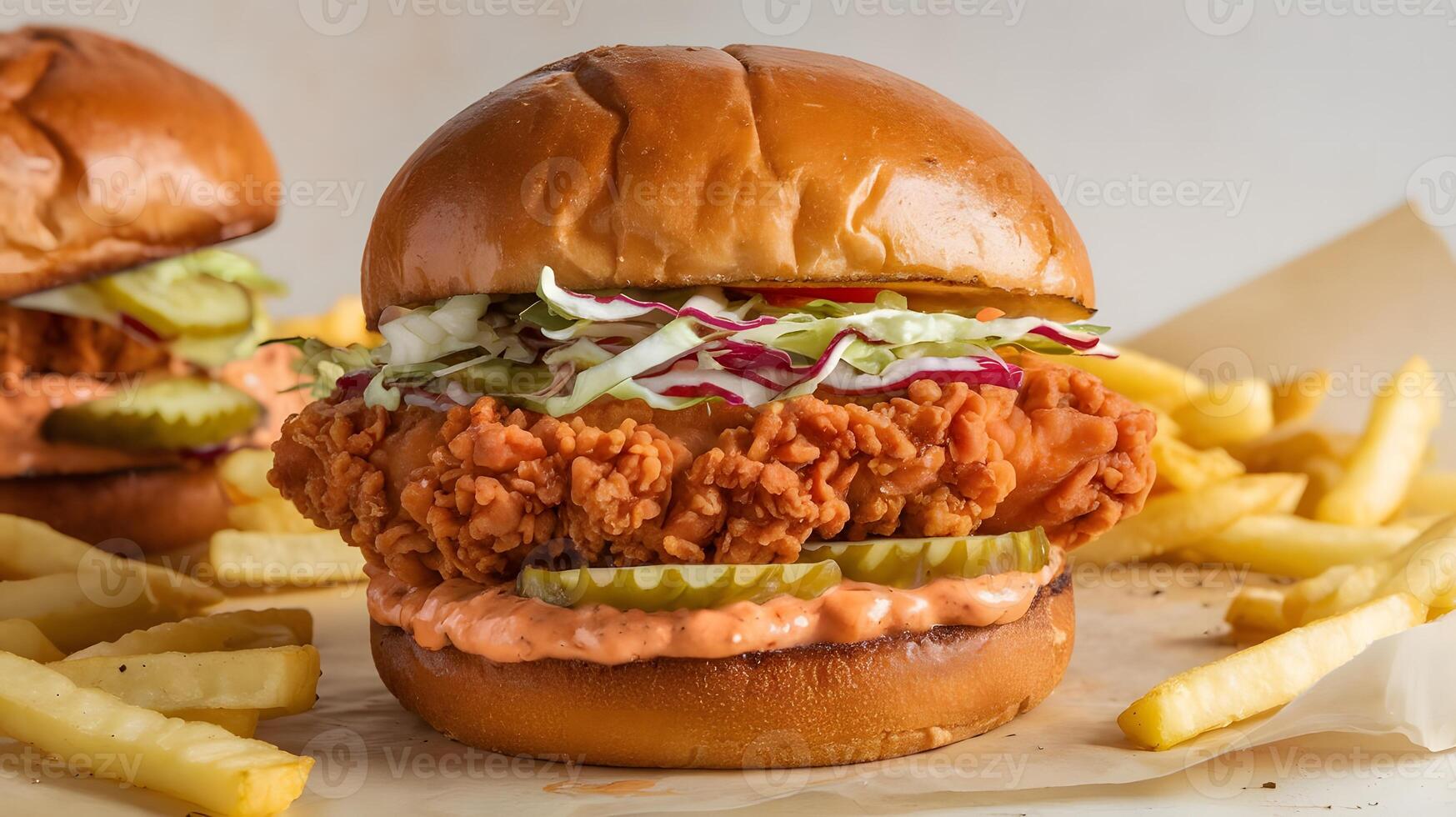 Spicy Crispy Chicken Burger with Fries Slaw and Pickles photo