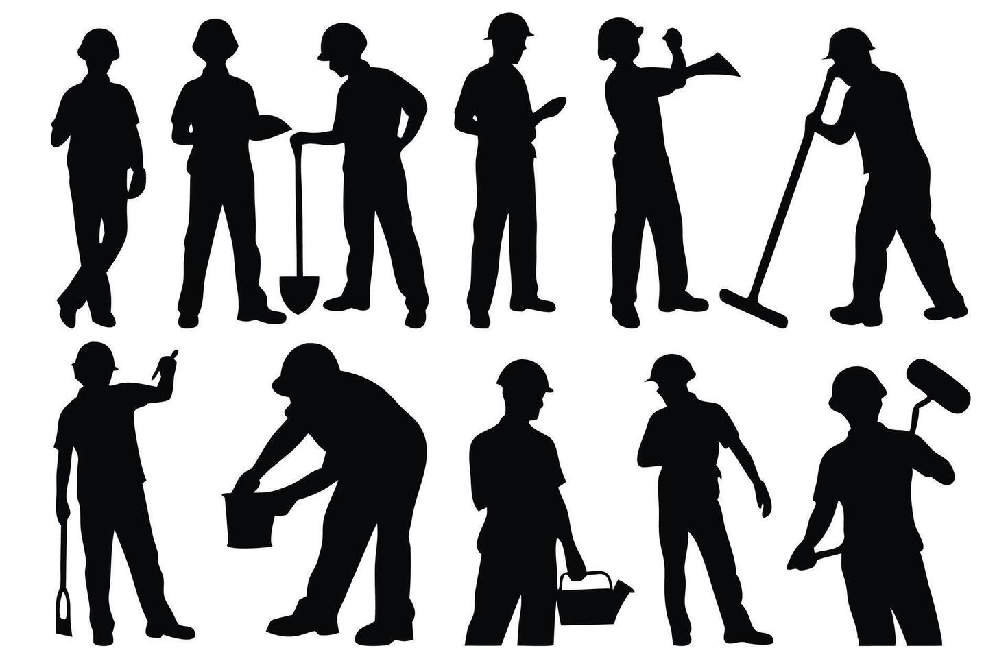 Workers with helmets silhouettes set isolated flat illustration on white background vector