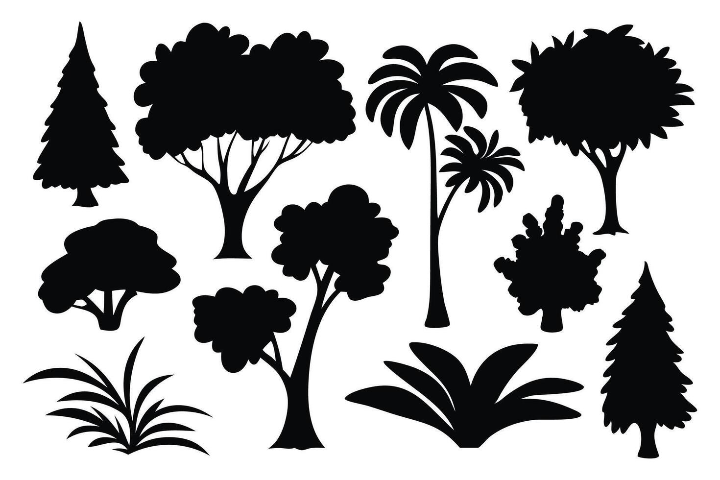 Various plants and trees silhouettes set isolated flat illustration on white background vector