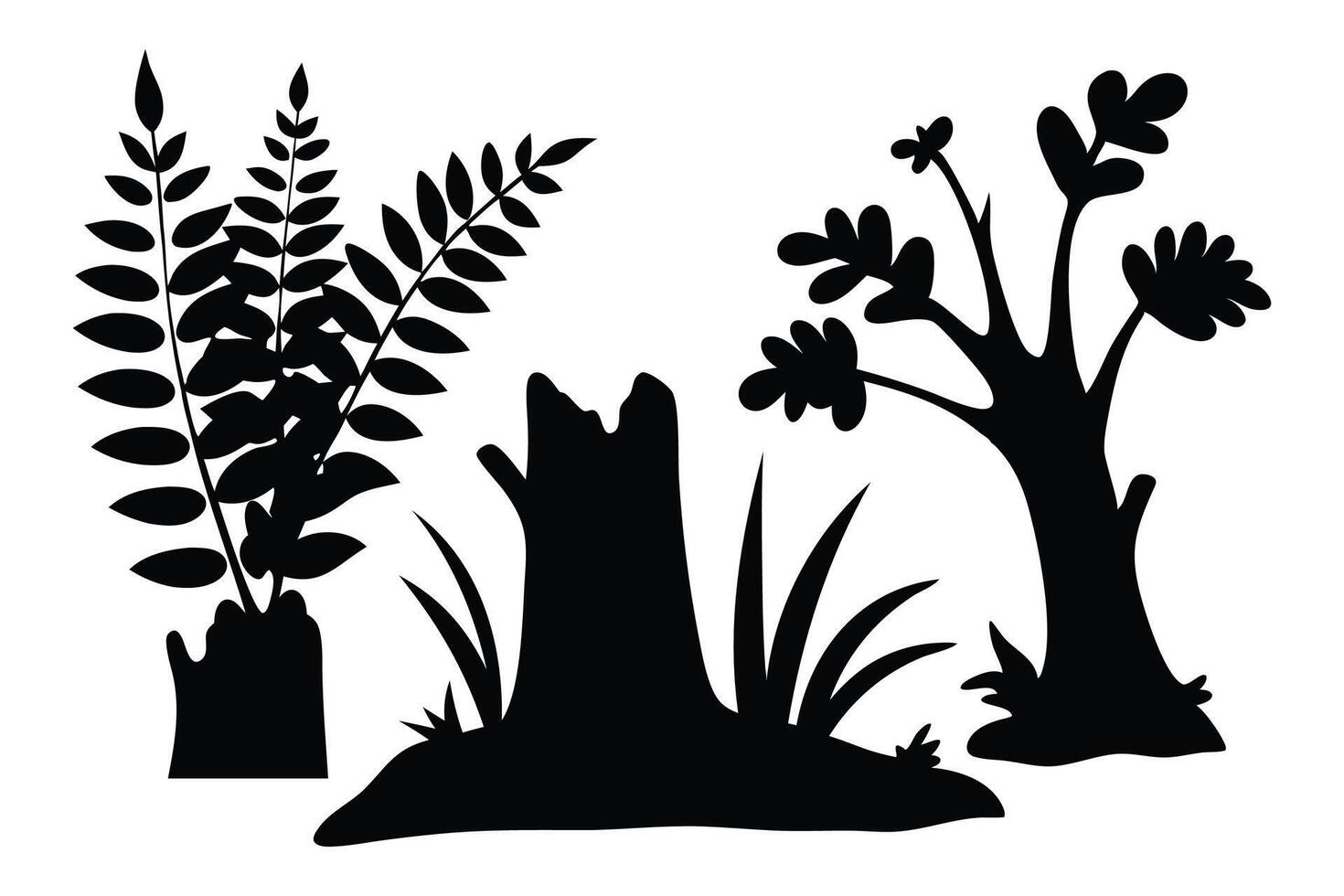 Ferns and rotten stumps silhouettes set isolated flat illustration on white background vector