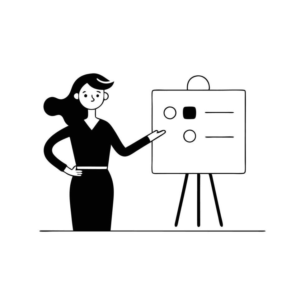 Woman stands confidently, presenting in front of a whiteboard filled with notes and diagrams Hand drawn black doodle line art flat illustration on white background. vector