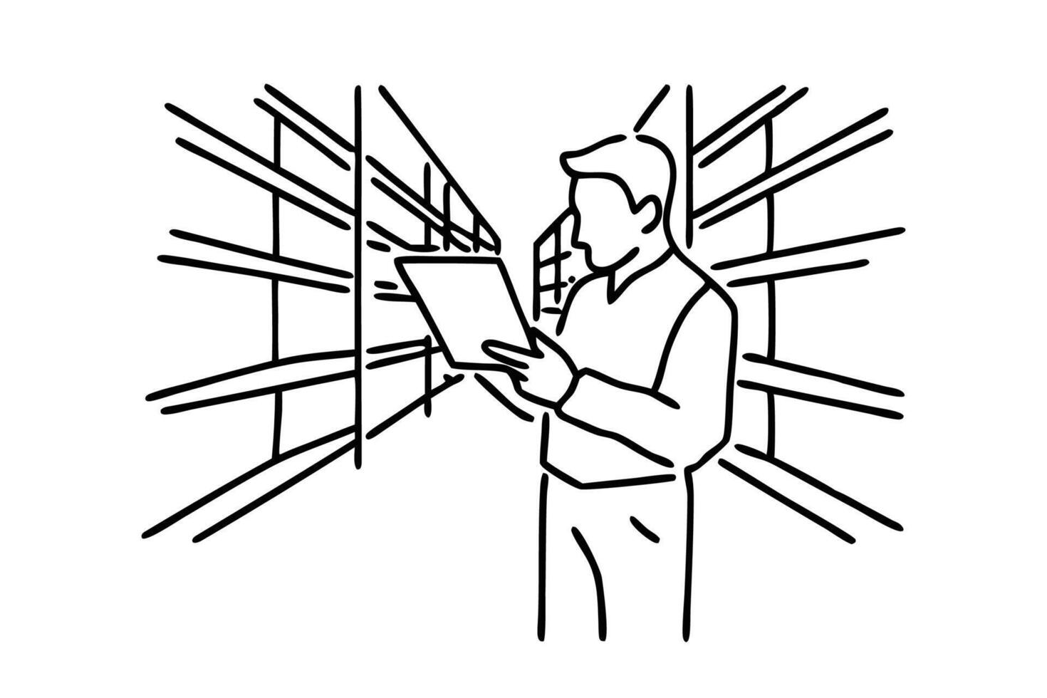 A man focused on using a tablet while standing in a warehouse environment isolated line art flat illustration on white background. vector