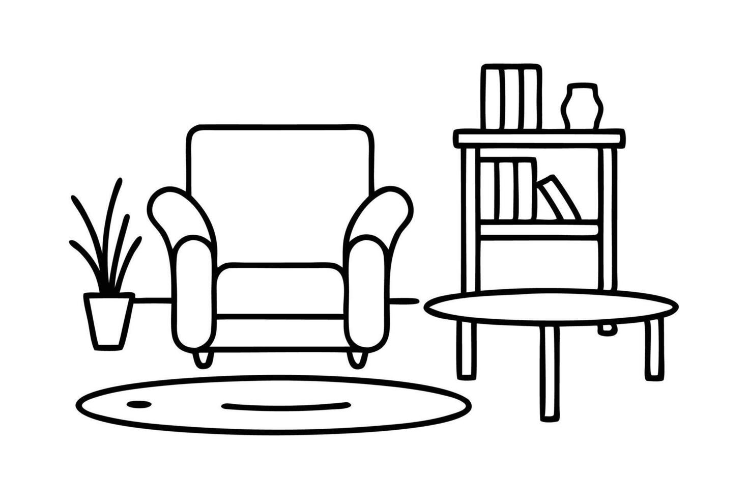 living room interior with chair Line art flat illustration on white background. vector