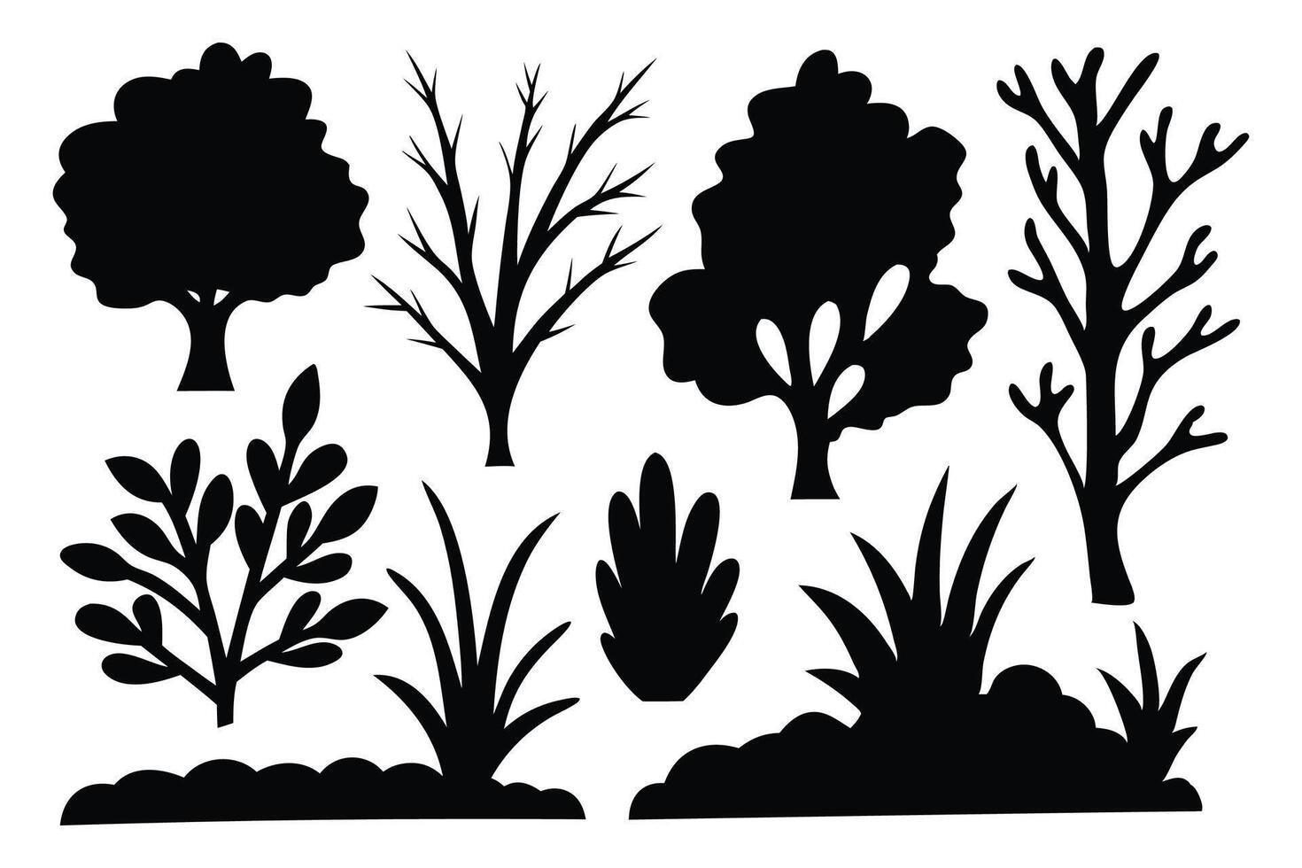 Bare bush, decorative garden plants silhouettes set isolated flat illustration on white background. vector