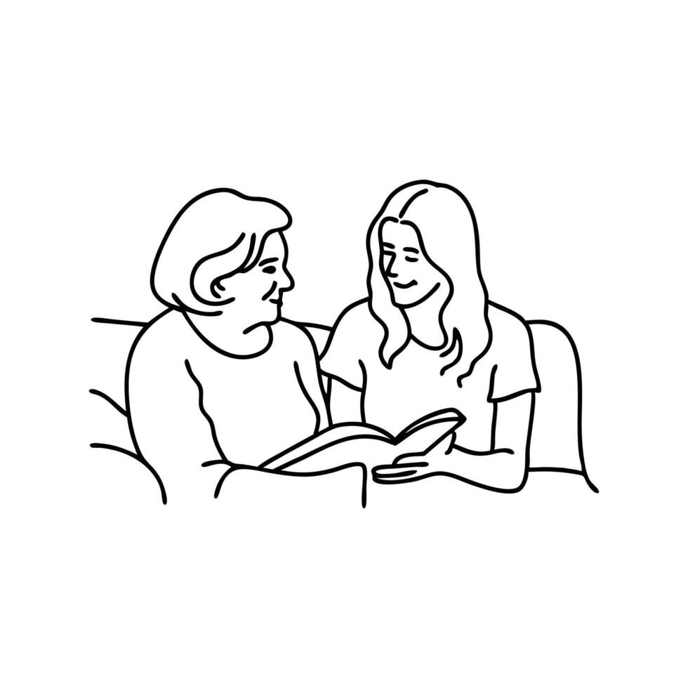 An older woman and a younger woman sitting side by side on a couch, engaged in a warm discussion continuous line art flat illustration. vector