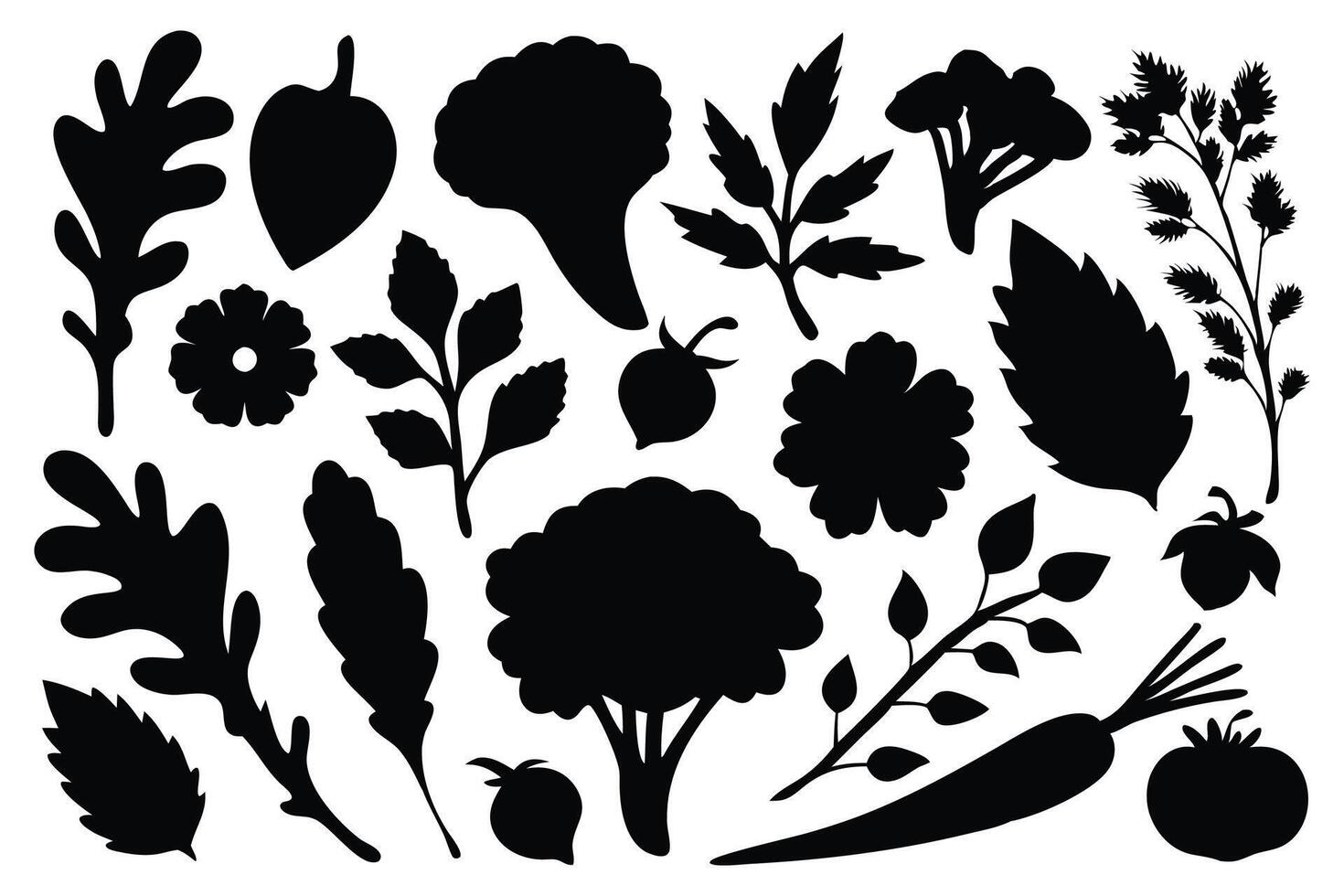 Nature herbal, ecology, bio, organic, vegetarian, eco, fresh silhouettes set isolated flat illustration on white background. vector