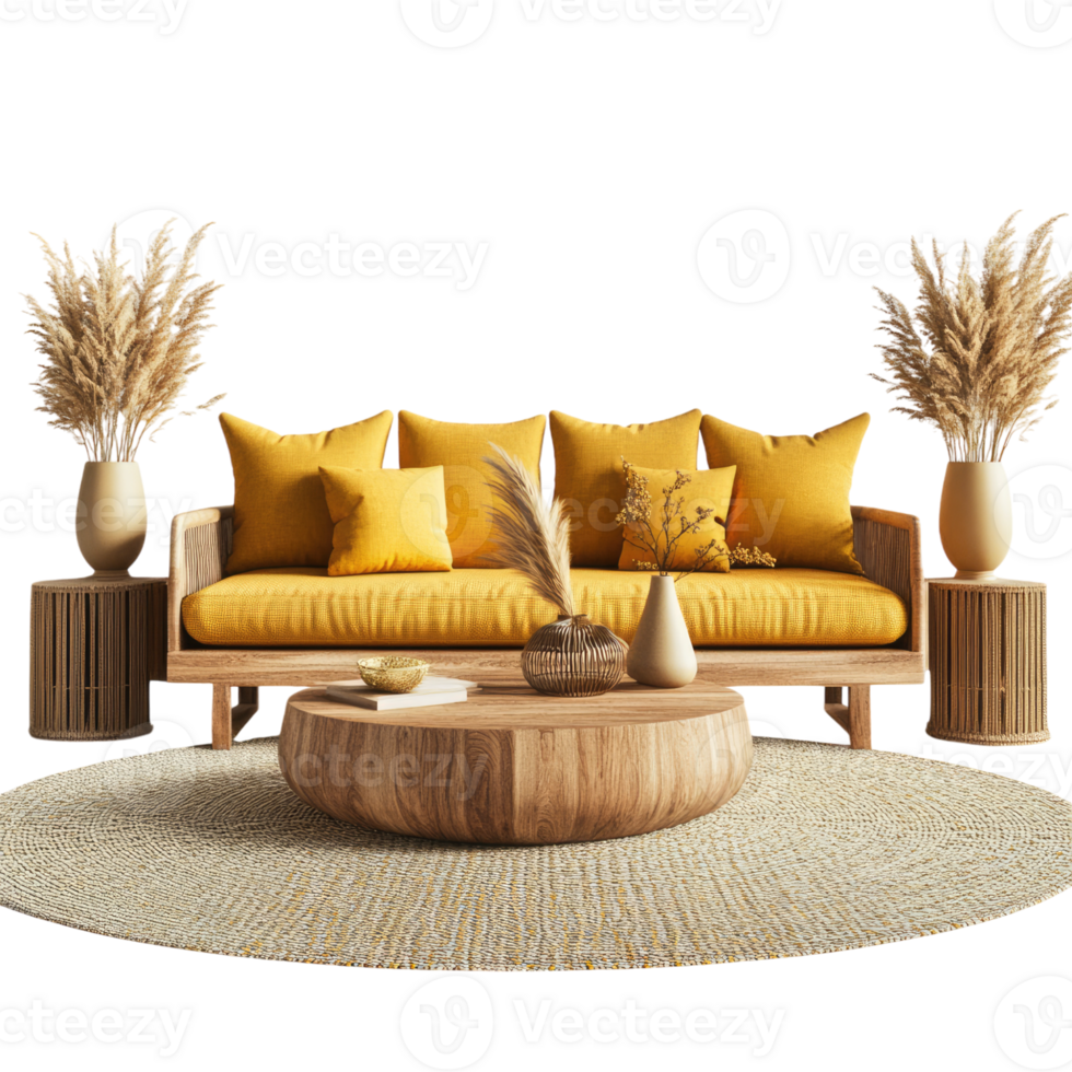 a yellow sofa with pillows and a coffee table png
