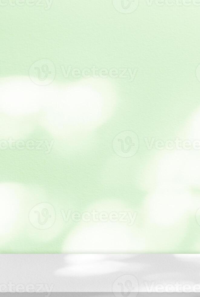 Background white floor, green wall studio kitchen room with shadow, light for Product Present,Backdrop empty display of grey podium texture with bright spring sunlight for cosmetic product background photo