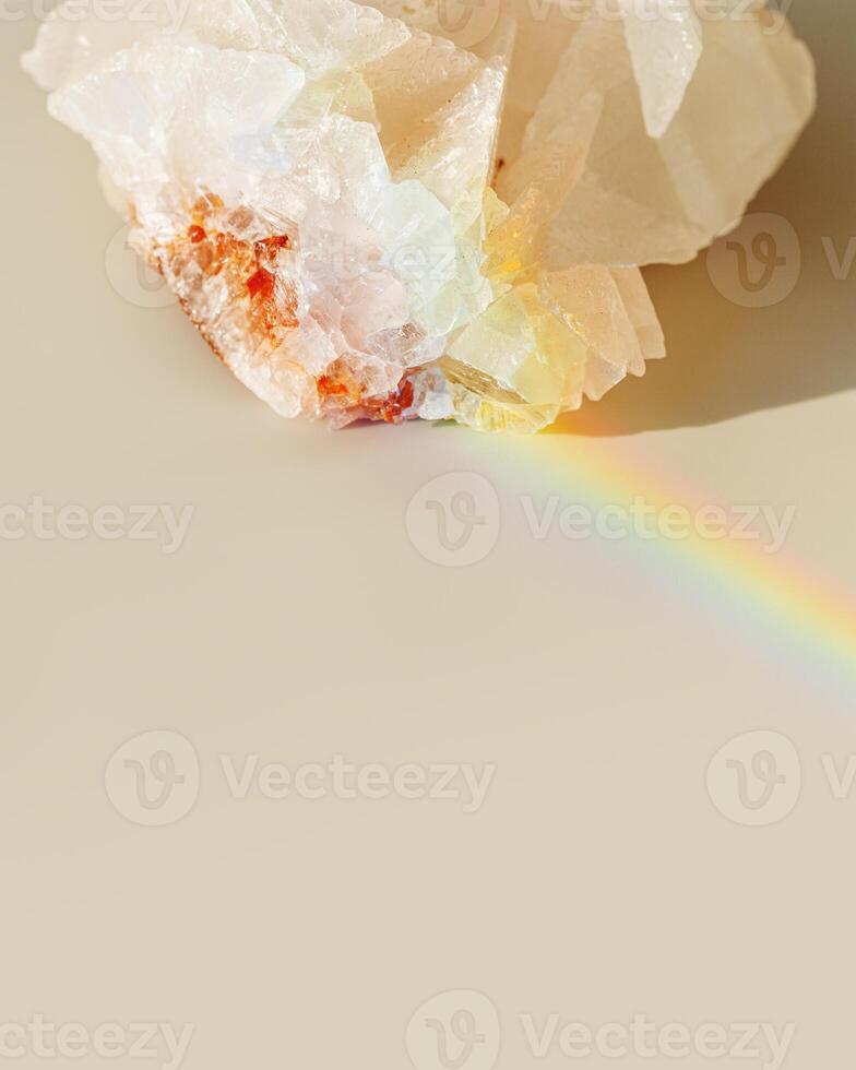 Luminous Quartz with Rainbow Flares. Sun's rays interact with quartz stone, iridescent rainbow glares, background with shining crystal at sunlight, aesthetic view with natural light effect photo