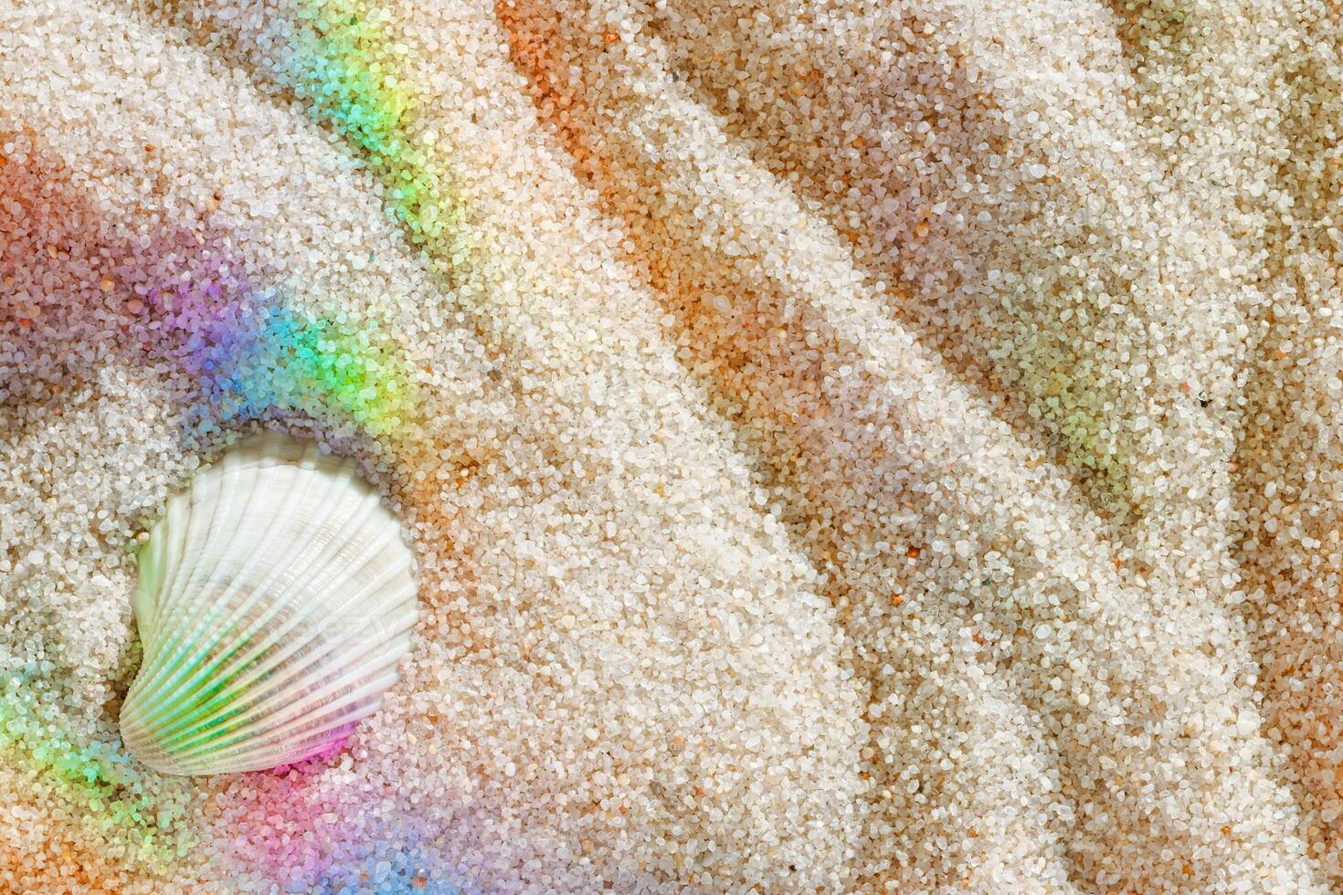 Aesthetic minimal summer background, white seashell on sand with rainbow flare, copy space, beige neutral tones monochrome background. Top view sandy waves textured pattern, meditation, relaxation photo