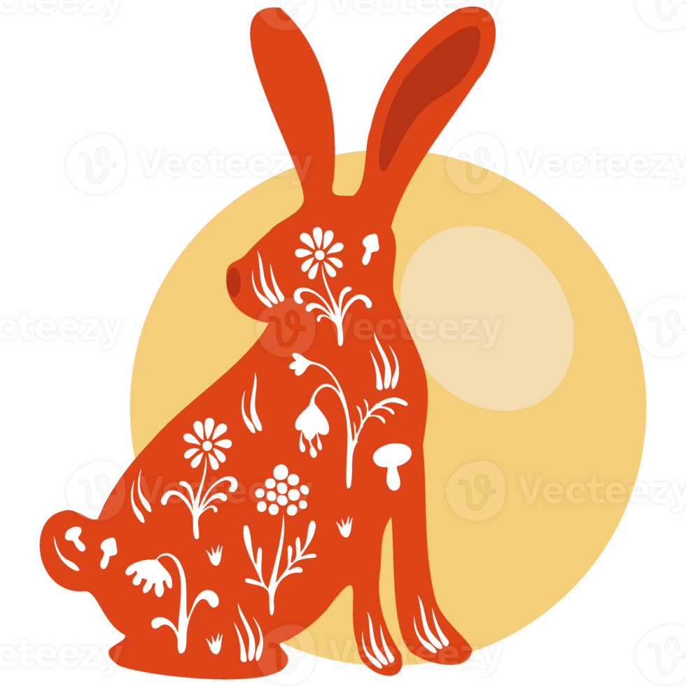 Cute sitting red rabbit silhouette with floral pattern and yellow moon on the background png
