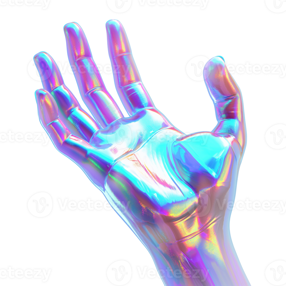 Futuristic 3D hand with a stunning holographic effect. Isolated image, for easy use in digital art, tech designs, and sci-fi projects. Perfect for modern visuals, branding, and creative concepts. png